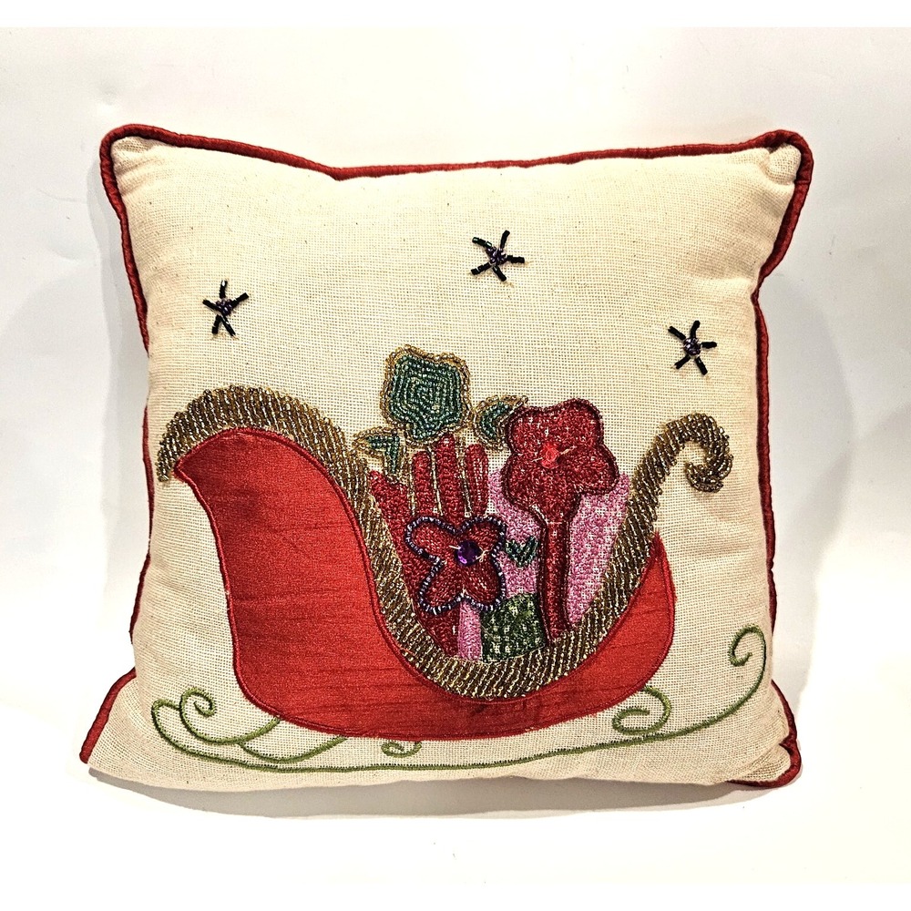 Pier 1 One Beaded Sleigh Christmas Accent Pillow Winter Holiday Approx. 10" x10"